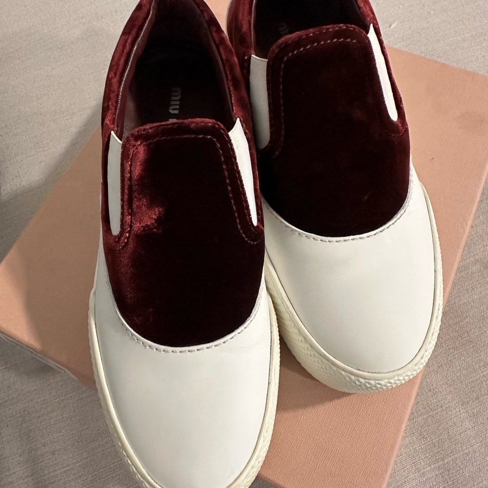 Miu Miu Velvet Burgundy and White Sneakers